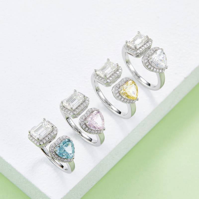 心形冰花切AND长方MoissaniteS925银镀白金Women's Ring1ctD级